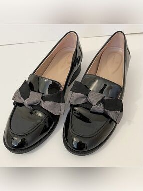 Bandolino Black Patent Loafers Preppy Plaid Bow Accent Size 6.5M